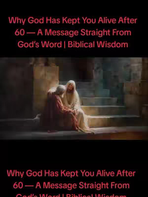 The image features a digitally painted scene depicting two figures, possibly biblical characters, seated near stone steps. The lighting is soft and suggests a spiritual or reflective mood. The figures are in a posture of listening or conversation, the color palette has earthy tones and blacks give the image a warm, dramatic feel. Text is overlaid at both the top and bottom of the frame in red and black fonts.