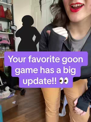 A woman with red lipstick is shown, wearing a black jacket and tan pants. A large purple text box with white text overlays the scene, with a silhouette of a person in the background.