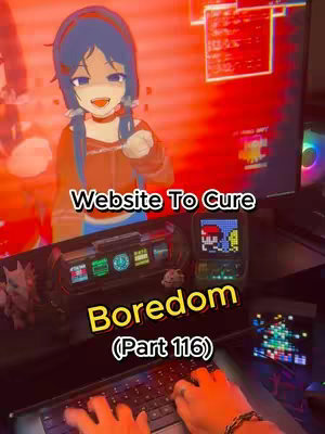 The cover image features an anime-style character with blue hair. The character is positioned in front of a computer display that shows a red background. At the bottom is the title "Website To Cure Boredom (Part 116)". The layout includes additional screens and an attached keyboard.