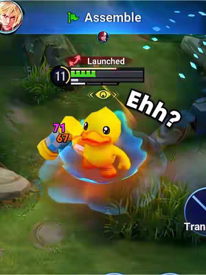 A vibrant, action-packed mobile game screenshot featuring a yellow B.Duck character in a watery effect, mid-action. A text bubble with "Ehh?" is overlaid, while the game's interface shows health bars and action prompts.