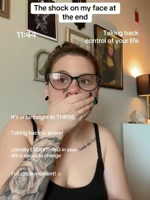 A person covers their mouth with their hand, appearing shocked. Text overlays include the time, a headline, and bullet points with motivational phrases. The background includes wall decor.