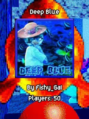Cover image for a video about a Roblox game set in a deep sea environment. The central focus is a square containing a cartoon figure wearing a hat and shirt, placed in a blue environment with cartoon fish swimming around. The background features a pixelated orange shape, and text overlays identify the game and creator.
