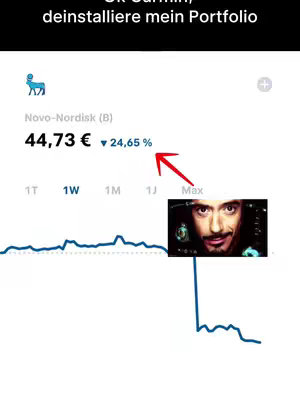 The cover image displays a stock chart with a downward trend highlighted by a red arrow. Inset in the lower right is a picture of Robert Downey Jr. as Tony Stark. Overlayed at the top are German words.