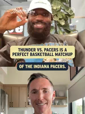 The cover image is a split-screen featuring two men who appear to be commentators or hosts against backgrounds that suggest home interiors. The top half has a black man with a white cap smiling as he speaks, and there is a text overlay in a yellow bar: \"THUNDER VS. PACERS IS A PERFECT BASKETBALL MATCHUP,\" with a blue bar underneath that says \"OF THE INDIANA PACERS.\". The bottom half shows a man who seems to be in a kitchen smiling into the camera.