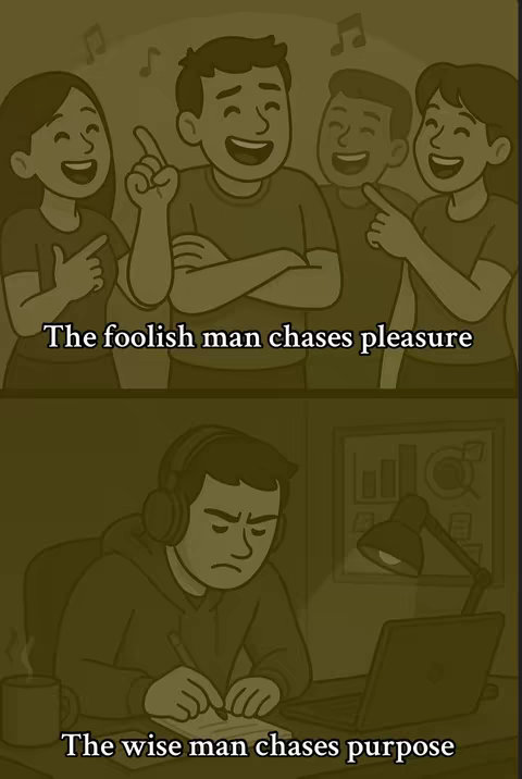 The image is split into two parts. The top half shows a group of three people laughing, with musical notes floating above them. The text "The foolish man chases pleasure" is below them. The bottom half shows a person wearing headphones and working on a laptop while writing. The text, "The wise man chases purpose" is below this figure. The image uses a sepia color palette, creating a vintage feel.
