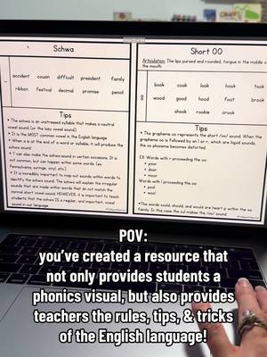 A close-up of a laptop screen displaying educational charts about phonics rules. Below the screen, a keyboard and a hand with rings rest. Text overlays at the bottom provide a POV.