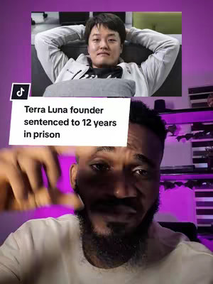 The cover image is a vertical shot. At the top is a picture of a relaxed-looking man in a grey jacket, seemingly on a couch. Below is a man with a dark beard pointing down at the text overlay. The text is white, appearing over a black banner, and reads, Terra Luna founder sentenced to 12 years in prison.