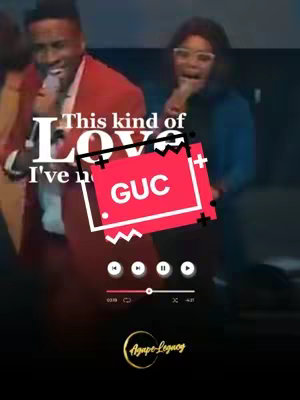 The cover image features two people, a man and a woman, standing together, with both of them holding a microphone. Text overlays like "This kind of LOVE" and the name "GUC" along with social media controls dominate the image.