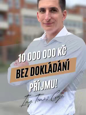 The image features a man in a white shirt standing in front of a blurred background, possibly a building. Overlayed text highlights that a bank in Czech Republic can lend up to 10 million without proof of income. The lower portion has the text with his name