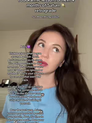 A young woman with brown hair looks up thoughtfully. Text overlays explain astrological advice.