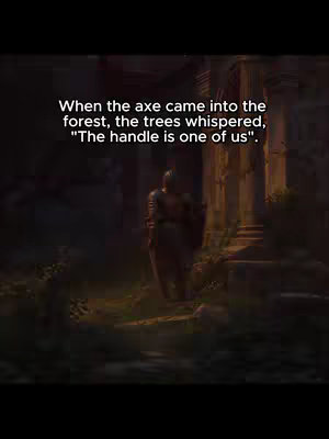 A still from a movie, a knight in armor walks toward a stone building. The scene is in a dark forest. Above the knight, white text is overlayed.