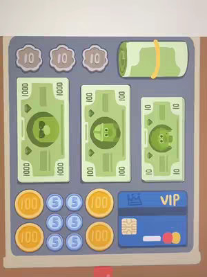 The image features a top-down view of a game interface, styled to resemble a tray or surface holding various game assets. The color scheme is dominated by shades of green, blue, and tan. The layout of the image suggests an organized arrangement of virtual currency and items. The top portion of the image contains multiple green bill denominations and coins. Towards the right side, there is a stack labeled "VIP" which is blue. The overall composition is clean and the style is cartoonish.