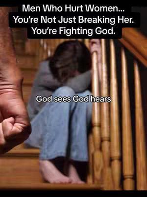 The image depicts a woman, with her face obscured, sitting on wooden steps on a staircase. She is wearing jeans and appears to be distressed, with her head bowed. A man's hand is visible in the frame, positioned as if it could strike. Overlay text warns against abusing women in a stark, dramatic way.