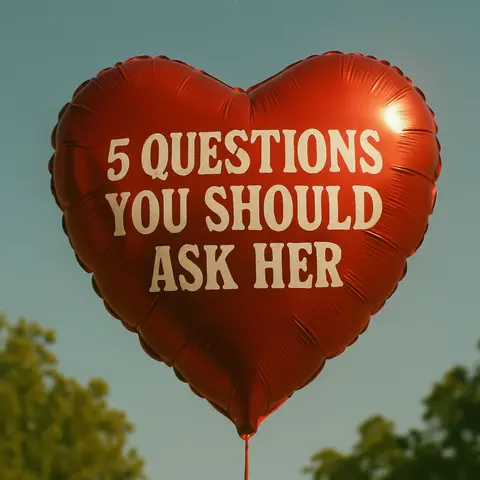 A red heart-shaped balloon against a blue sky, and a few green trees. The balloon has white text.