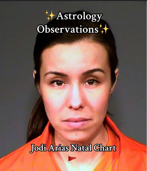 A mugshot of a woman with dark hair and fair skin. The woman is in an orange jumpsuit, with a neutral expression. Text overlays read "Astrology Observations" and "Jodi Arias Natal Chart".