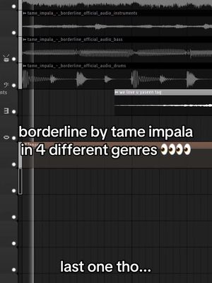 The image shows a music production software interface. It displays audio waveforms and tracks labeled with musical elements. Text overlays title the song and lists different genres. Lower down, more text is present; the image's layout is organized, with tracks on the left and waveforms taking up the central space. It has a dark color scheme.