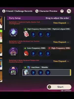 The image is a screenshot of a game interface. Across the top are options for Friends Challenge Records and Character Preview. The main part of the image displays a party setup with three different battlefields. Each battlefield has a party setup section, with options to drag to adjust the order of characters. Inside each setup are character portraits and information such as which characters are at a certain level (Lv. 110 for example). The overall color scheme is dark with purple and white accents.