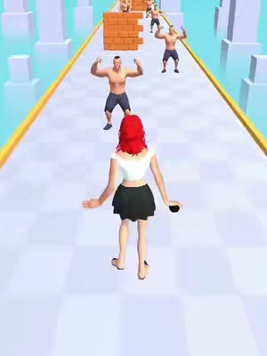 A 3D rendered image shows a level from a mobile game. The main focus is a woman with red hair running away from muscular men. In front of the woman is a wall she has to successfully overcome.