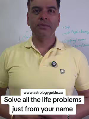 A man in a yellow polo shirt stands in front of a whiteboard. Overlay text at the bottom states "Solve all the life problems just from your name" with "www.astrologyguide.ca" above it.  The background is a white whiteboard with handwriting. The man has short dark hair and is looking at the camera.