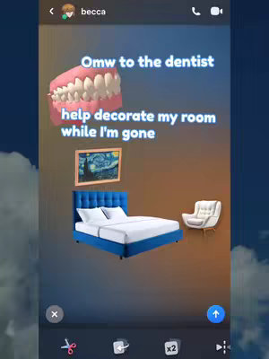 The image is a vertical phone screen capture with a cloudy blue sky as the background. A text overlay features the creator's avatar at the top, with animated 3D elements: a set of teeth, a painting, a bed, and an armchair, positioned to give a sense of interior decoration.
