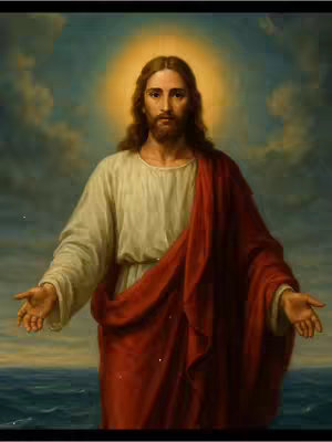 The image is a classical painting of Jesus. He is depicted standing with his arms open, wearing a white robe and a red cloak. A halo of golden light surrounds his head. The background shows a cloudy sky and water in the distance.