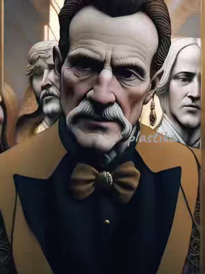 The cover image features a stylized, AI-generated portrait of a distinguished-looking older man. He's positioned in the foreground and centered, with a serious expression and a well-groomed mustache. He is wearing a formal black suit with a gold-colored jacket and a bow tie. Behind him, slightly blurred, are the busts of people. The color scheme is dominated by warm tones, including gold and black, with touches of white and skin-tone colors.