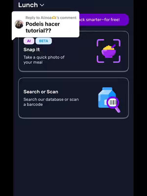 The image shows a screenshot of a mobile app. The dark-themed interface features text prompts and icons. A user comment in a speech bubble is present, along with the app interface elements showing options like 'Snap It' and 'Search or Scan'.