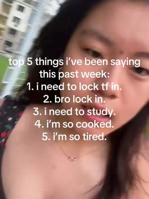 A selfie-style video cover featuring a young woman with fair skin centered in the frame, with a blurred background of what appears to be a building and green space. She is looking at the camera with a slight smile. Overlayed text in a sans-serif font lists phrases she has been saying. The overall composition is well-lit, with a focus on the woman's face and the textual content.