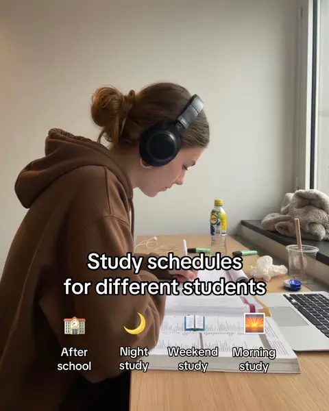 A young woman with her hair up, wearing headphones, is studying at a desk. The image has overlayed text that says 'Study schedules for different students' and icons representing different times or types of study like 'After school', 'Night study', 'Weekend study', and 'Morning study'. A laptop, water bottle and other study materials are in the background.