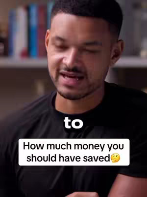 The image features a man in a black shirt, centered and looking towards the left side. Text overlays are present in white font: "to: How much money you should have saved," in a white rectangle, with a thinking face emoji at the end.