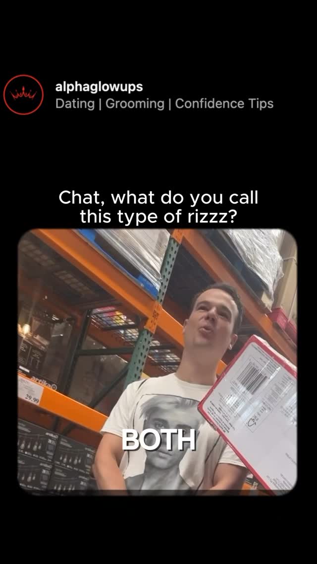 The image features a man in a white t-shirt with a graphic of a person, indoors with metal racking in the background, holding a white paper. Overlay text at the top asks 'Chat, what do you call this type of rizzz?'. The word 'BOTH' is overlaid in the foreground.