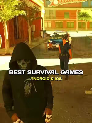The cover image features a person in a black hoodie and a skull mask standing on a street. The background includes a building, a police officer, and a car. The text overlay reads "BEST SURVIVAL GAMES ANDROID & IOS". The color palette is muted, with a focus on blacks and greens. The layout is centered and highlights the masked figure.