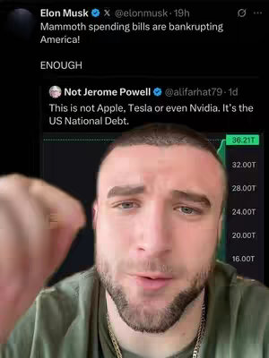 A selfie-style shot with a man speaking directly to the camera. In the background, there is a screenshot of a tweet by Elon Musk and a graph with financial data. The man appears to be in a studio setting. The color palette is muted with the man wearing a green shirt.
