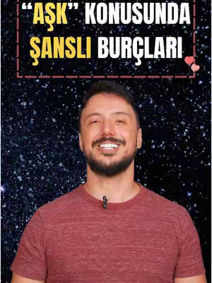 A man with a beard and a red shirt is smiling, with text overlayed on the top, with a starry background.