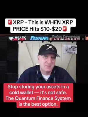 A man in a black XRP hat is seated in front of a backdrop with a wooden door design. Text overlays in red and white provide financial predictions and a call to action.