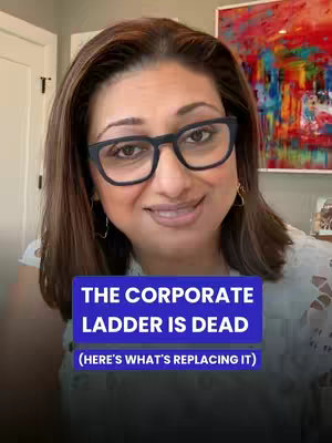 A woman with brown hair and glasses is centered in the frame. A blue rectangular overlay at the bottom reads "THE CORPORATE LADDER IS DEAD" and below it, in smaller font, "(HERE'S WHAT'S REPLACING IT)". The background includes a white door and a colorful painting.
