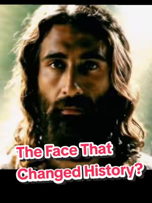 The cover image features the close-up face of a man with long brown hair and a long beard, seemingly depicting a religious figure. The man gazes directly at the viewer. A text overlay in a vibrant red font, outlined in white, reads "The Face That Changed History?" and sits across the bottom portion of the image. The overall composition is vertically oriented, making it suitable for a mobile screen.