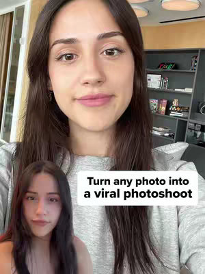 A woman with long dark hair is the central focus, with a smaller version of herself in the lower left corner. The woman's face takes up the majority of the frame. A white rectangular box near the bottom of the image features white text.