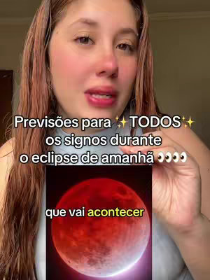 A woman with light brown hair is centered in the frame, slightly angled. She's looking towards the camera and speaking. Overlayed on the image is text in white font with pink shimmering effect. A red and orange image of a blood moon is featured as the bottom layer.