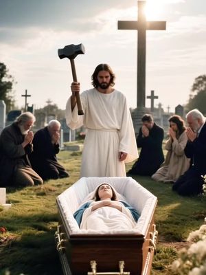 The image shows an outdoor scene with a grave site. In the foreground, a coffin lies open, displaying a figure of a woman, presumably the Virgin Mary, lying inside. Above her, a man resembling Jesus stands with a sledgehammer raised. Behind them, several people are kneeling with their hands clasped as if in prayer. A large cross stands in the background against a bright sky.