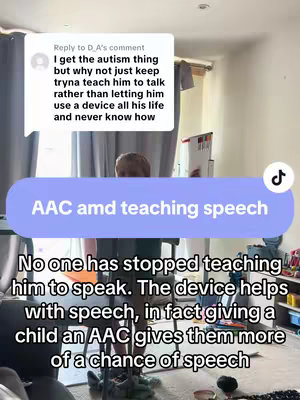 The cover image shows a room with a person in the background, and the focus is on a comment from another user. In the foreground, a colored bar with the text 'AAC amd teaching speech' overlies the image. Below the bar, there is additional text about AAC and speech.