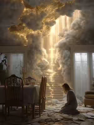 A digital artwork depicts a room with a destroyed floor, filled with debris and remnants, with a woman on her knees in the foreground. Above, a staircase leads up to a bright, golden light amidst billowy clouds, suggesting a heavenly or spiritual realm. The scene is filled with a mix of light and shadow creating a contrasting atmosphere.