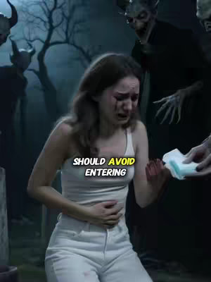 A woman in a white tank top and pants is crying, with a pad being offered her, surrounded by dark figures with horns and sharp features in a spooky setting.