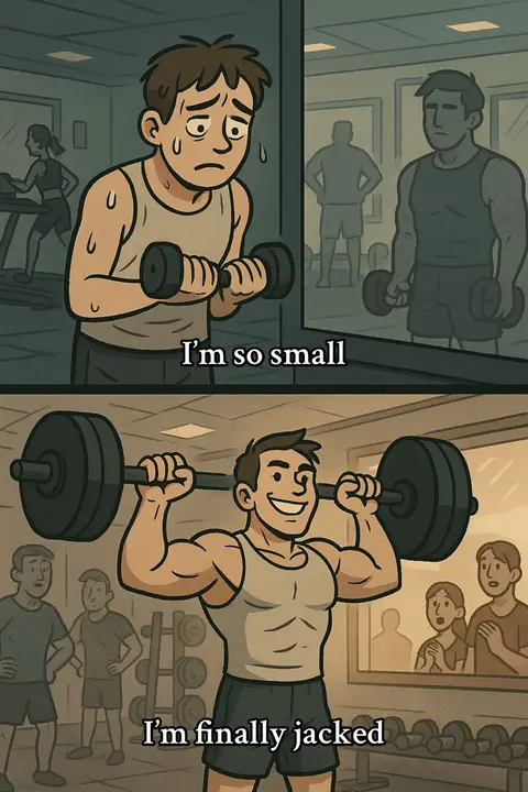 A two-panel comic-style image depicting a man's transformation in a gym. The top panel shows a man in a gym environment looking dejected while holding a small dumbbell and looking in a mirror at a larger muscular version of himself. The bottom panel depicts the man, now muscular and smiling, lifting a heavy barbell.