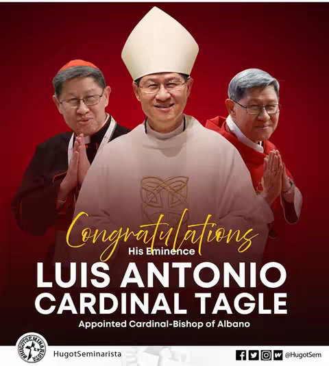 A promotional image featuring three men in religious garments against a red gradient background. The central figure is the primary focus, with two other figures flanking on either side.