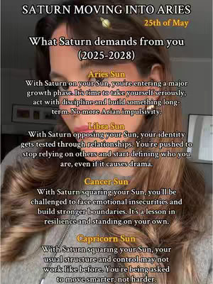 The cover image presents a person, with an astrology-themed informational graphic overlayed. The person is in the center, slightly angled, featuring a natural skin tone and light-colored hair, framed to show the upper body. The color palette is soft, with neutral tones. The text overlay presents detailed astrological insights, with the headline "SATURN MOVING INTO ARIES". The background includes blurred elements. The image is composed to focus on the person while delivering information through text.