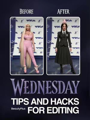 The cover image shows a split screen comparing two images of a woman. On the left, the woman is dressed in pink, and on the right she's dressed as Wednesday Addams. Below the split screen, text displays the title of the video with the branding for BeautyPlus app.