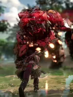 A dynamic image from a video game featuring a post-apocalyptic setting. A female figure is seen in the foreground, running forward with a weapon, in front of her is a large, red, mechanical enemy with glowing red lights on its head. The background is blurred with a forest setting. The color palette is dominated by reds and greens, with touches of yellow from what appears to be explosions or light flares. The composition shows a sense of action and confrontation.