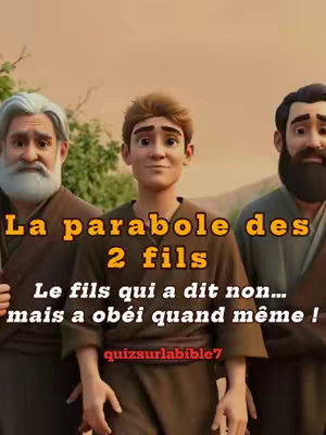 The cover image features a 3D animated scene depicting a biblical parable. Three male figures are in the foreground against a blurred background. Overlay text in a brown box states "La parabole des 2 fils", with the tagline "Le fils qui a dit non... mais a obéi quand même !". The bottom of the image contains the text "quizsurlabible7". The overall aesthetic is a warm, slightly desaturated color palette.