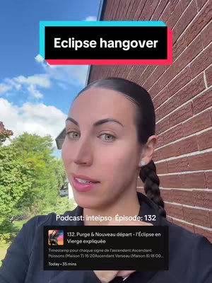 The cover image is a selfie of a woman with dark hair and green eyes, positioned in front of a brick wall and foliage. A rectangular overlay at the top states "Eclipse hangover" in bold white text on a black and blue background. A podcast information box is placed in the lower portion of the frame. The overall composition appears to be a casual, conversational style.